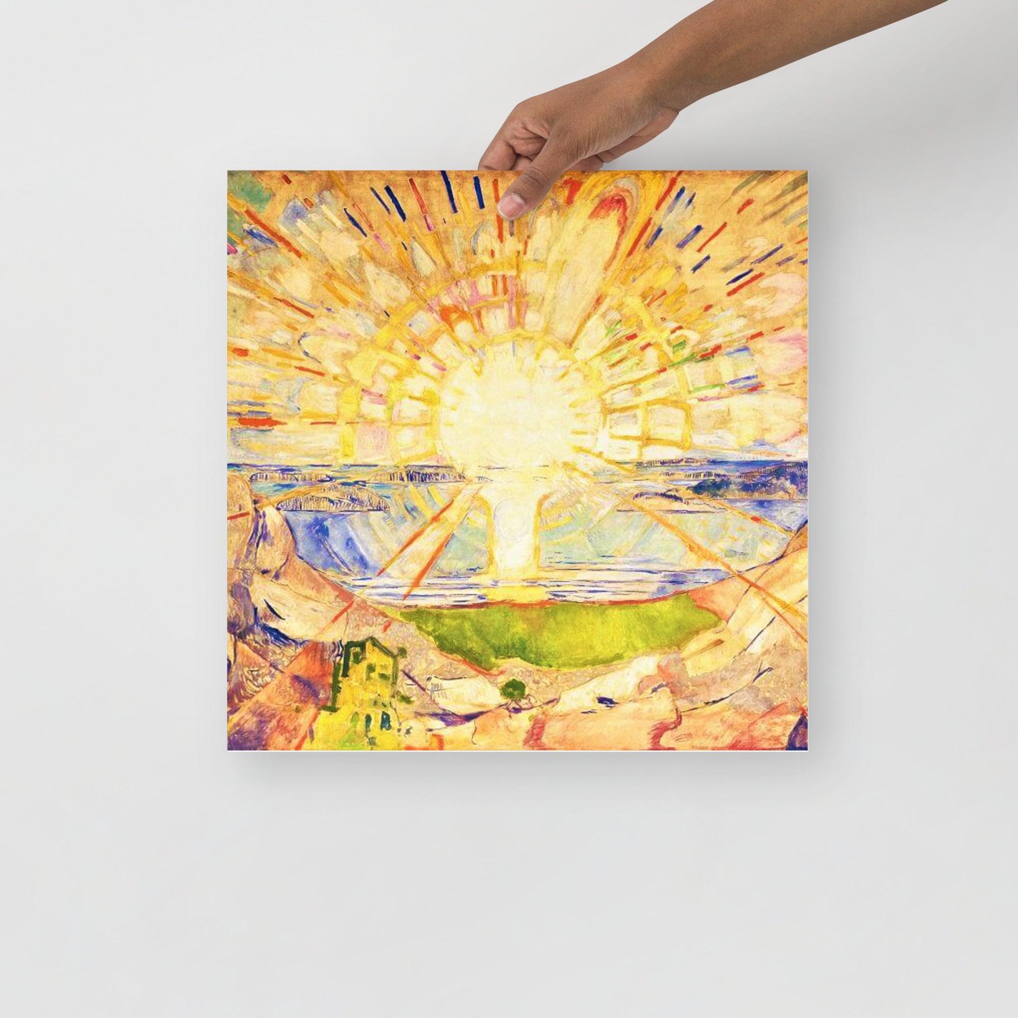 The Sun By Edvard Munch poster on a plain backdrop in size 16x16”.