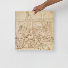 A Scene in an Arsenal by Leonardo Da Vinci poster on a plain backdrop in size 16x16”.