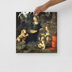 A Virgin of the Rocks by Leonardo Da Vinci  poster on a plain backdrop in size 16x16”.
