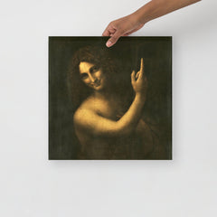 A Saint John the Baptist by Leonardo da Vinci poster on a plain backdrop in size 16x16”.