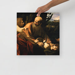 A Sacrifice of Isaac by Caravaggio poster on a plain backdrop in size 16x16”.