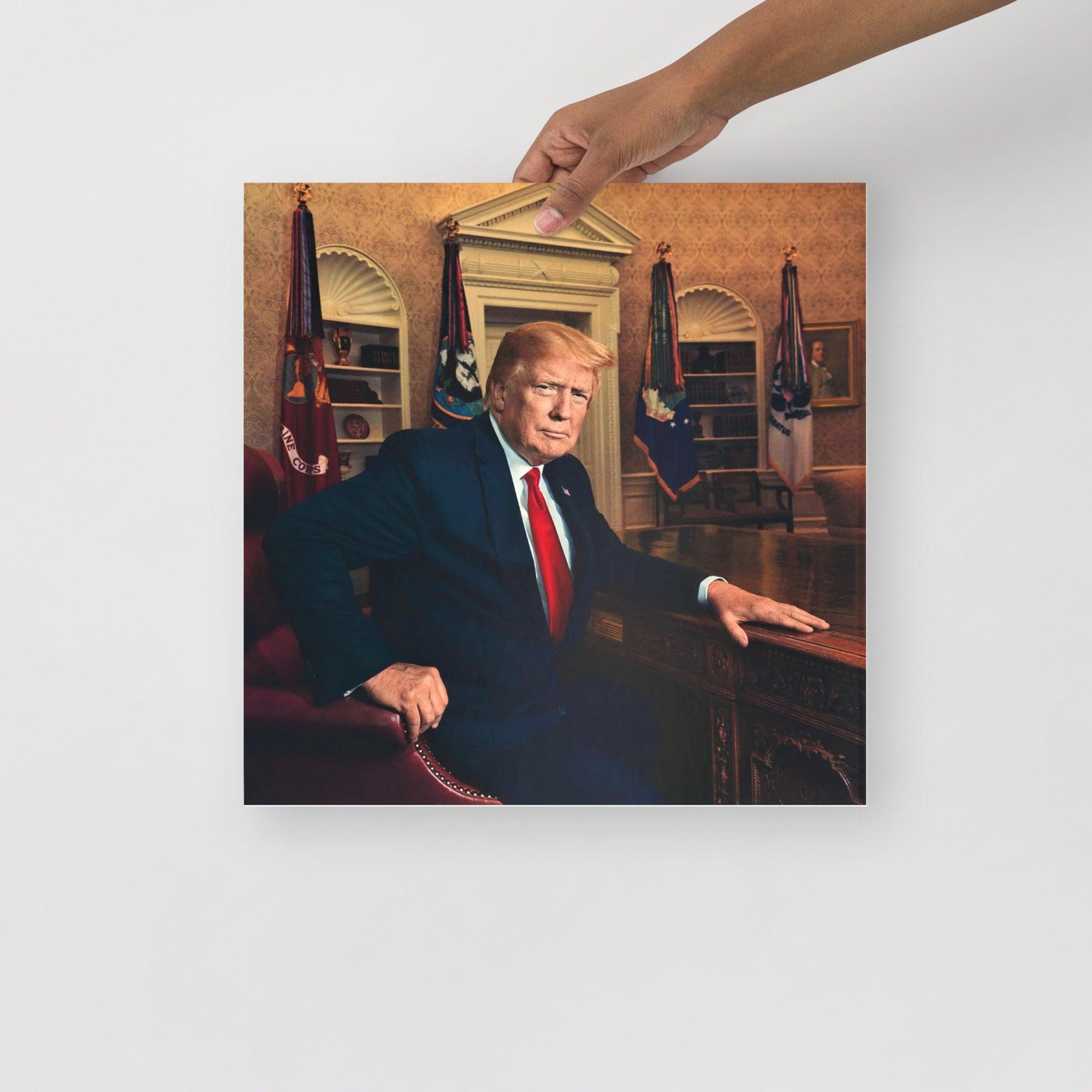 A Donald Trump at the Oval Office poster on a plain backdrop in size 16x16”.