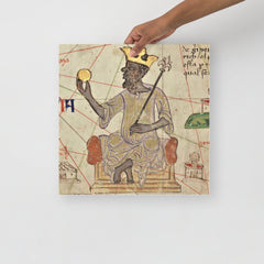 A Mansa Musa poster on a plain backdrop in size 16x16”.