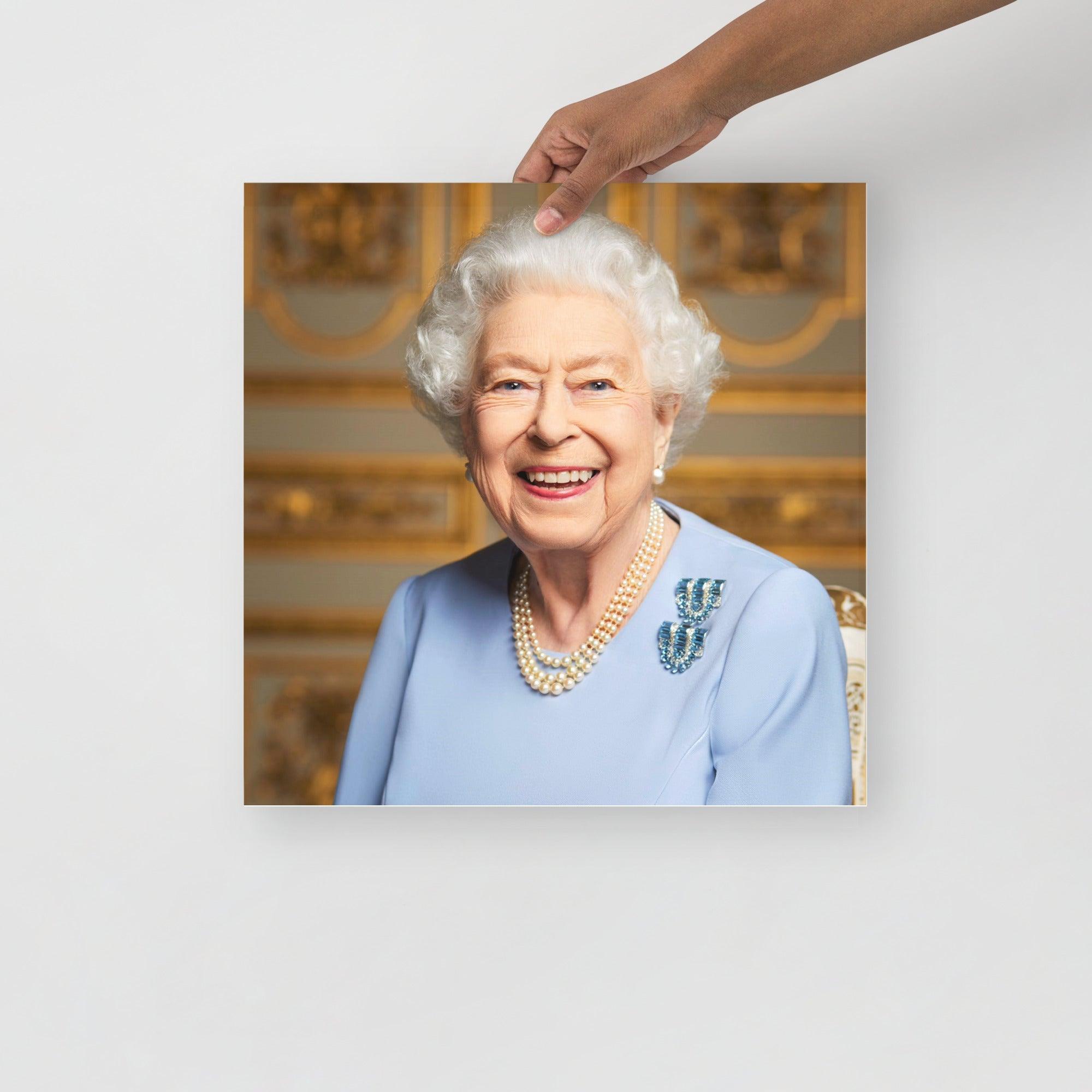 A Platinum Jubilee of Elizabeth II Official Portrait (Posthumous Release) poster on a plain backdrop in size 16x16”.