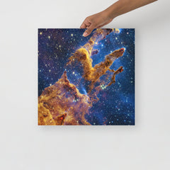 A Pillars of Creation by James Webb Telescope poster on a plain backdrop in size 16x16”.
