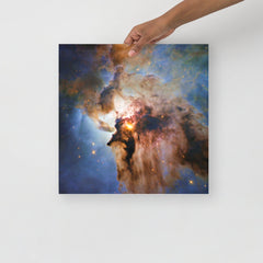A Lagoon Nebula by Hubble Space Telescope poster on a plain backdrop in size 16x16”.