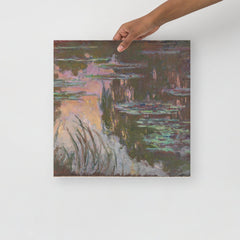 A Water Lilies by Claude Monet poster on a plain backdrop in size 16x16”.