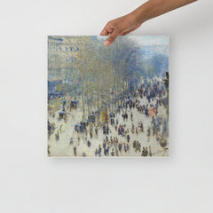 A Boulevard des Capucines by Claude Monet poster on a plain backdrop in size 16x16”.