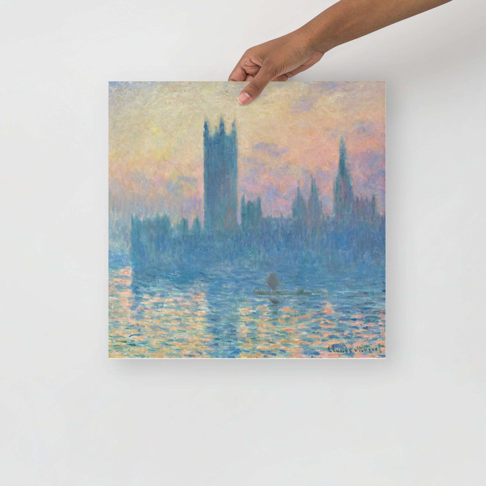 The Houses of Parliament, Sunset by Claude Monet poster on a plain backdrop in size 16x16”.