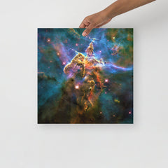 A Mystic Mountain (Carina Nebula) poster on a plain backdrop in size 16x16”.