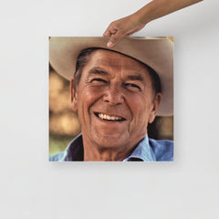 A Ronald Reagan Cowboy Hat poster on a plain backdrop in size 16x16”.