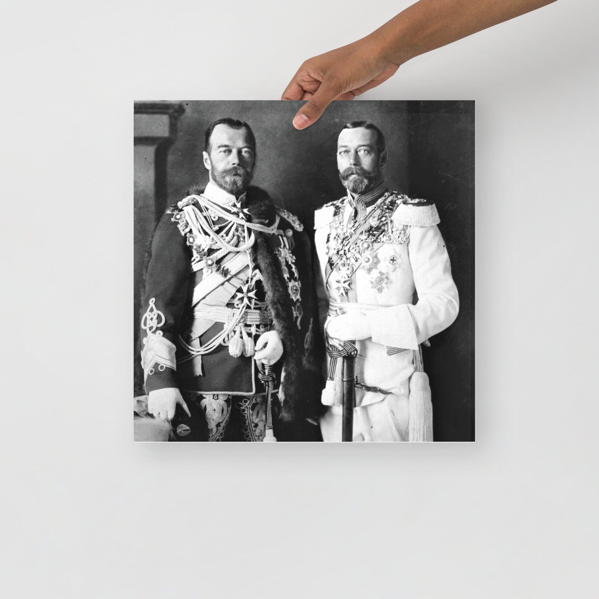 A Tsar Nicholas II & King George V poster on a plain backdrop in size 16x16”.
