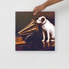A His Master's Voice By Francis Barraud poster on a plain backdrop in size 16x16”.