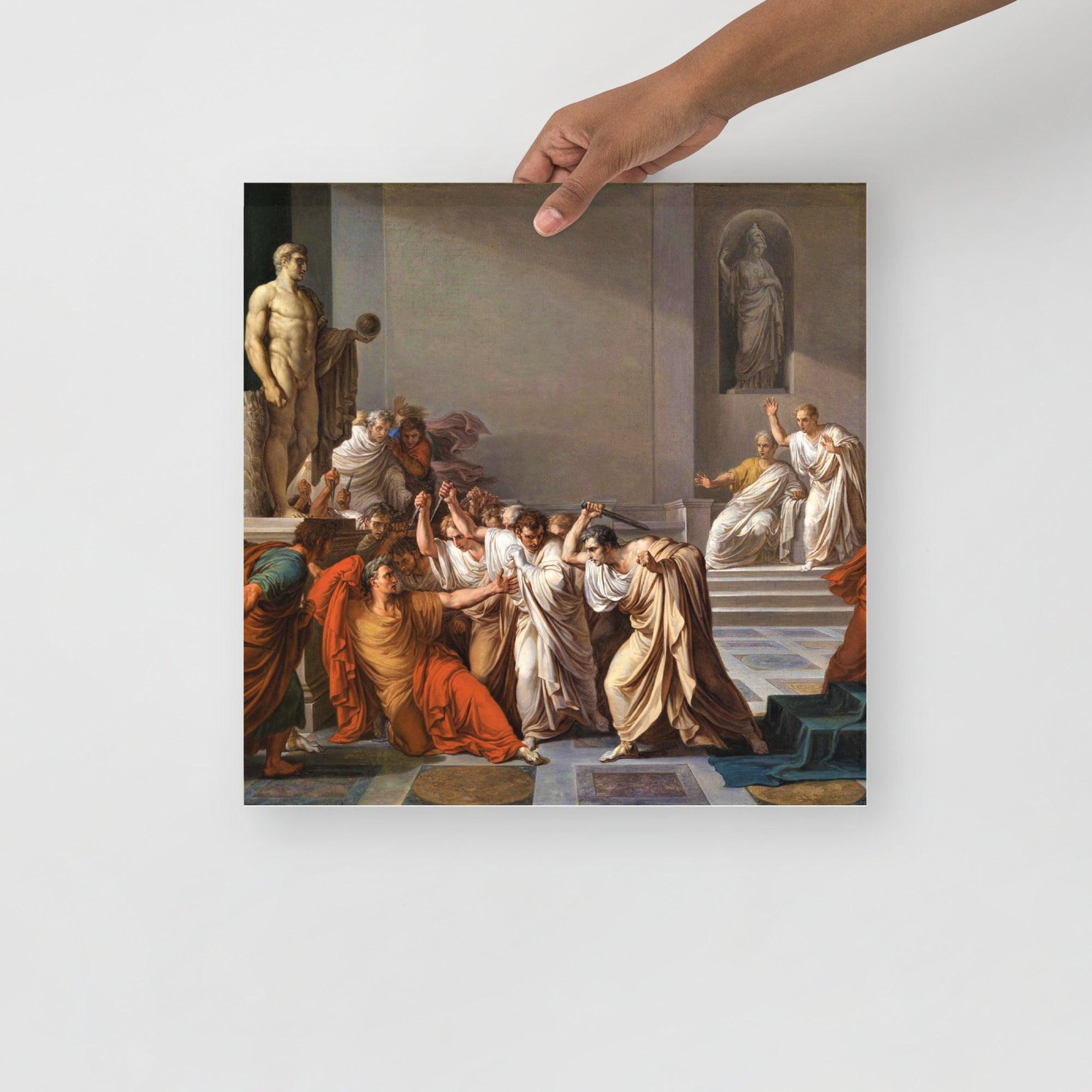 The Death of Julius Caesar by Vincenzo Camuccini poster on a plain backdrop in size 16x16”.