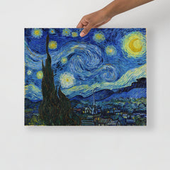 A The Starry Night by Vincent van Gogh poster on a plain backdrop in size 16x20”.