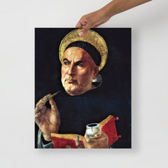 A St. Thomas Aquinas by Sandro Botticelli poster on a plain backdrop in size 16x20”.
