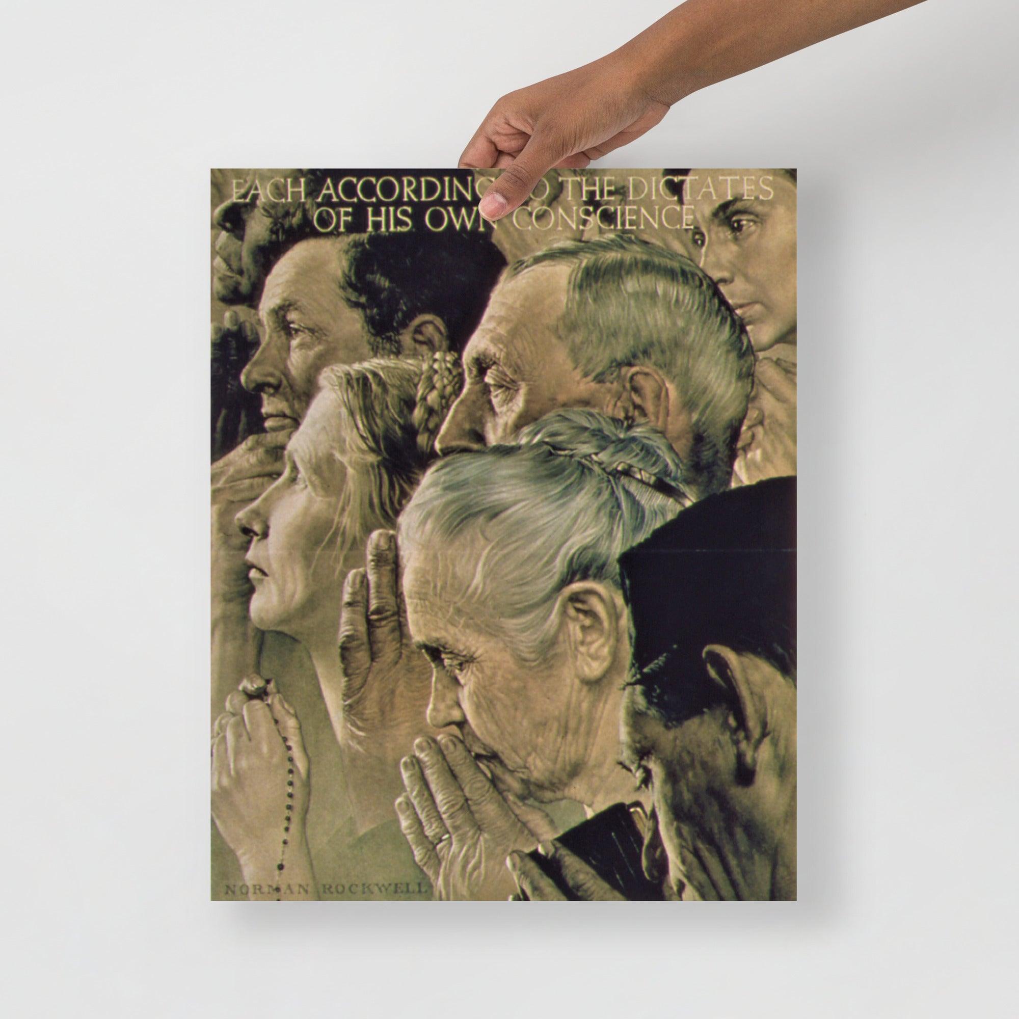 A Freedom of Worship by Norman Rockwell  poster on a plain backdrop in size 16x20”.