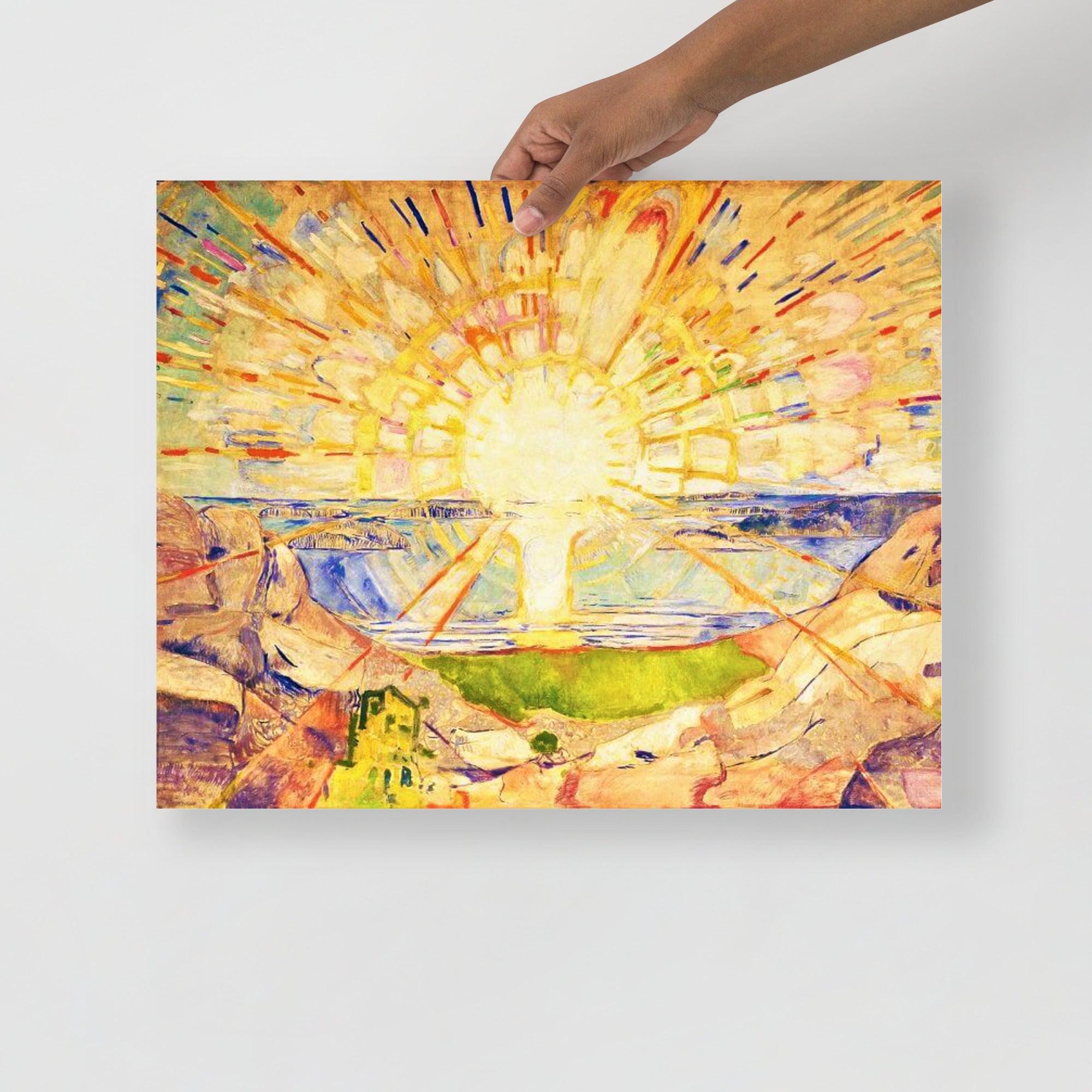 The Sun By Edvard Munch poster on a plain backdrop in size 16x20”.