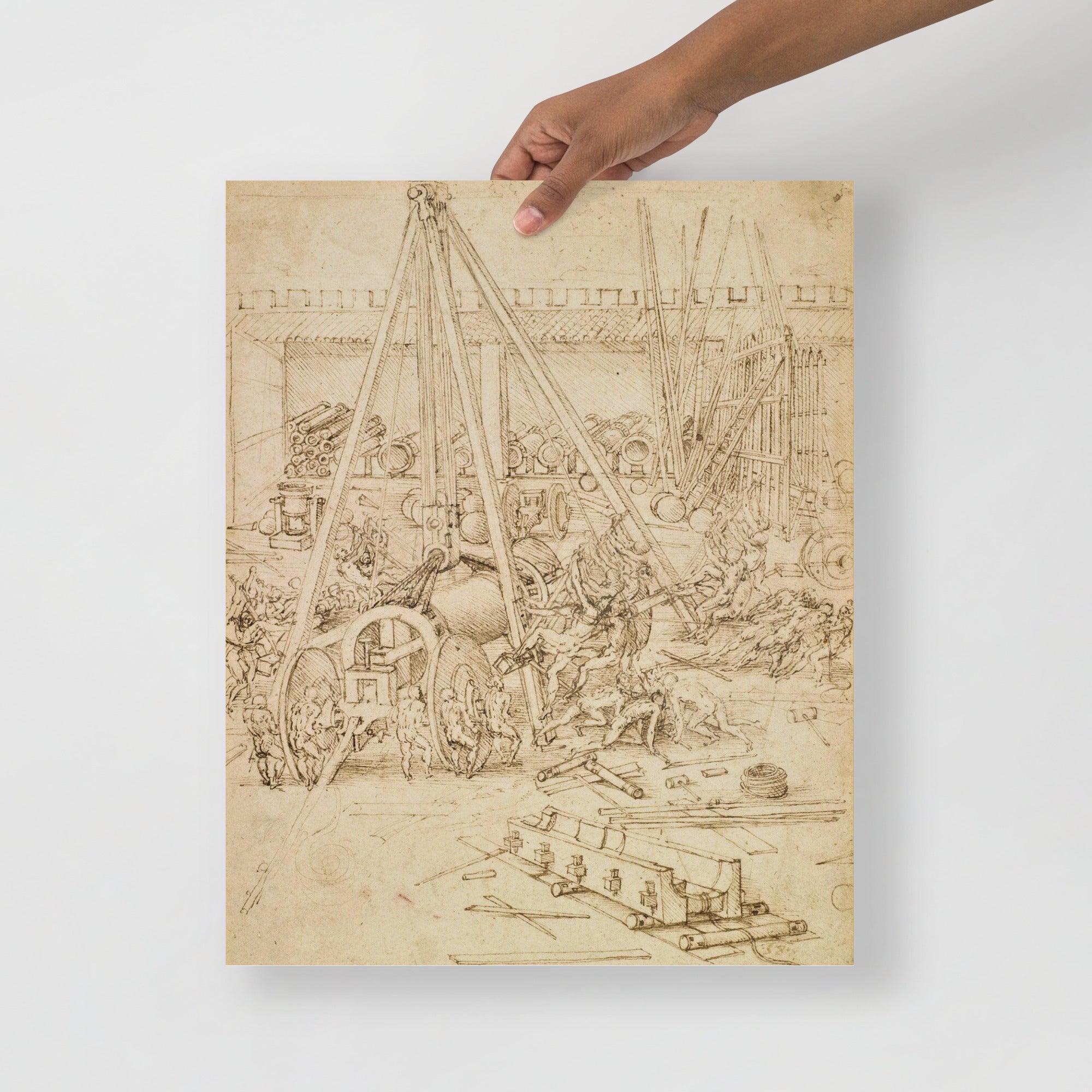A Scene in an Arsenal by Leonardo Da Vinci poster on a plain backdrop in size 16x20”.