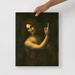 A Saint John the Baptist by Leonardo da Vinci poster on a plain backdrop in size 16x20”.
