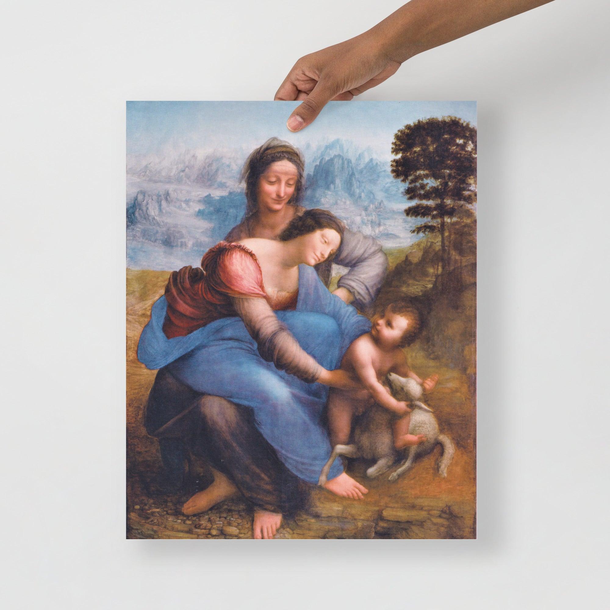 The Virgin and Child with Saint Anne by Leonardo da Vinci poster on a plain backdrop in size 16x20”.