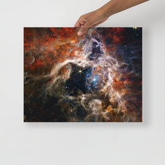 A Tarantula Nebula by James Webb Space Telescope poster on a plain backdrop in size 16x20”.