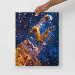 A Pillars of Creation by James Webb Telescope poster on a plain backdrop in size 16x20”.