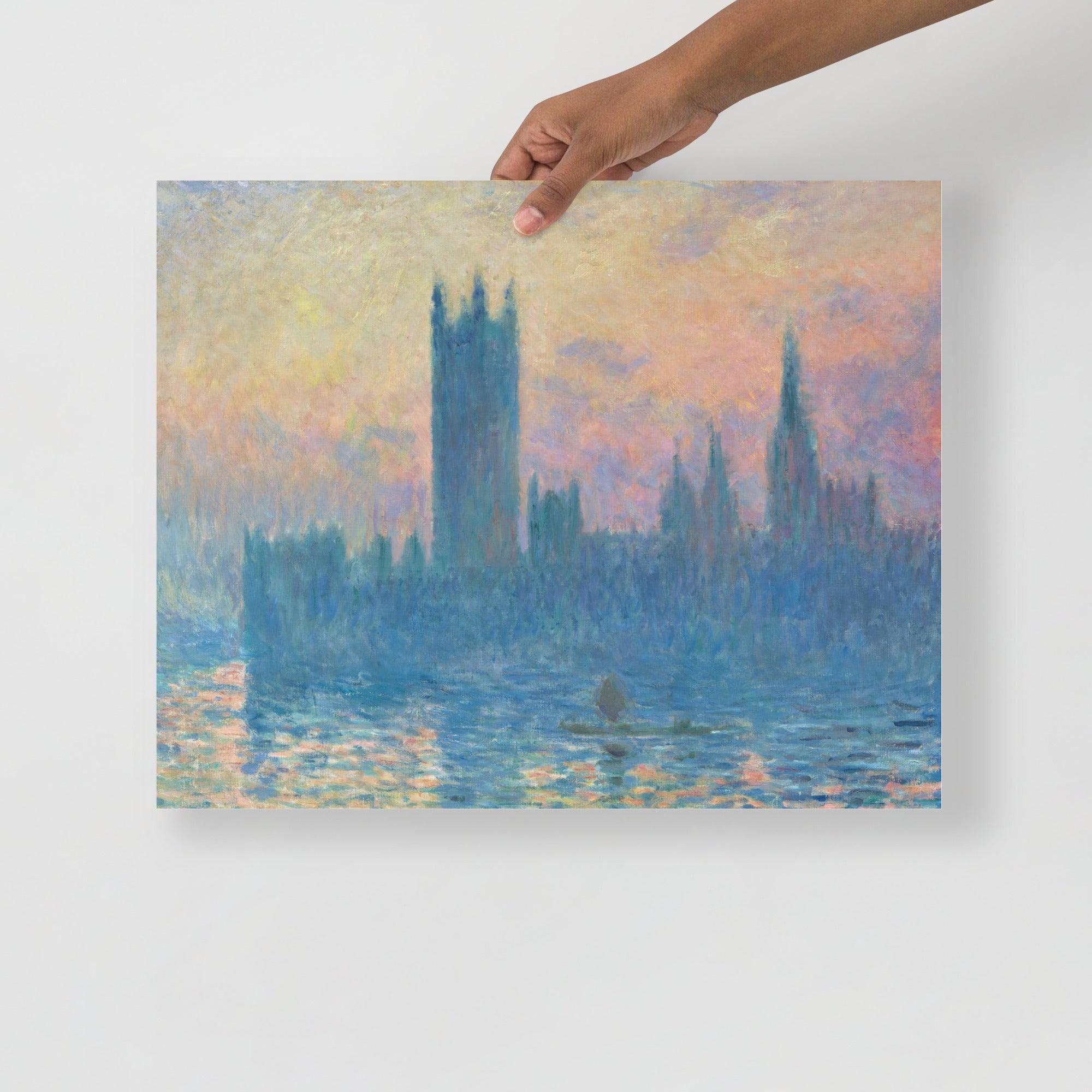 The Houses of Parliament, Sunset by Claude Monet poster on a plain backdrop in size 16x20”.