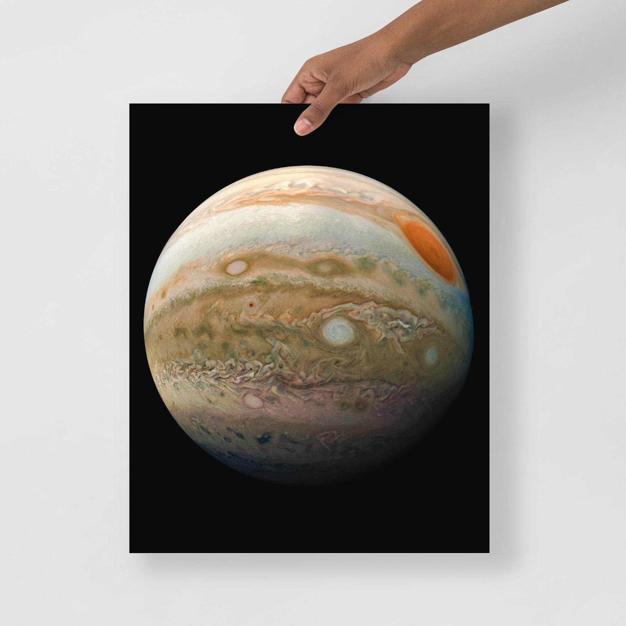 A Planet Jupiter From the Juno Spacecraft poster on a plain backdrop in size 16x20”.