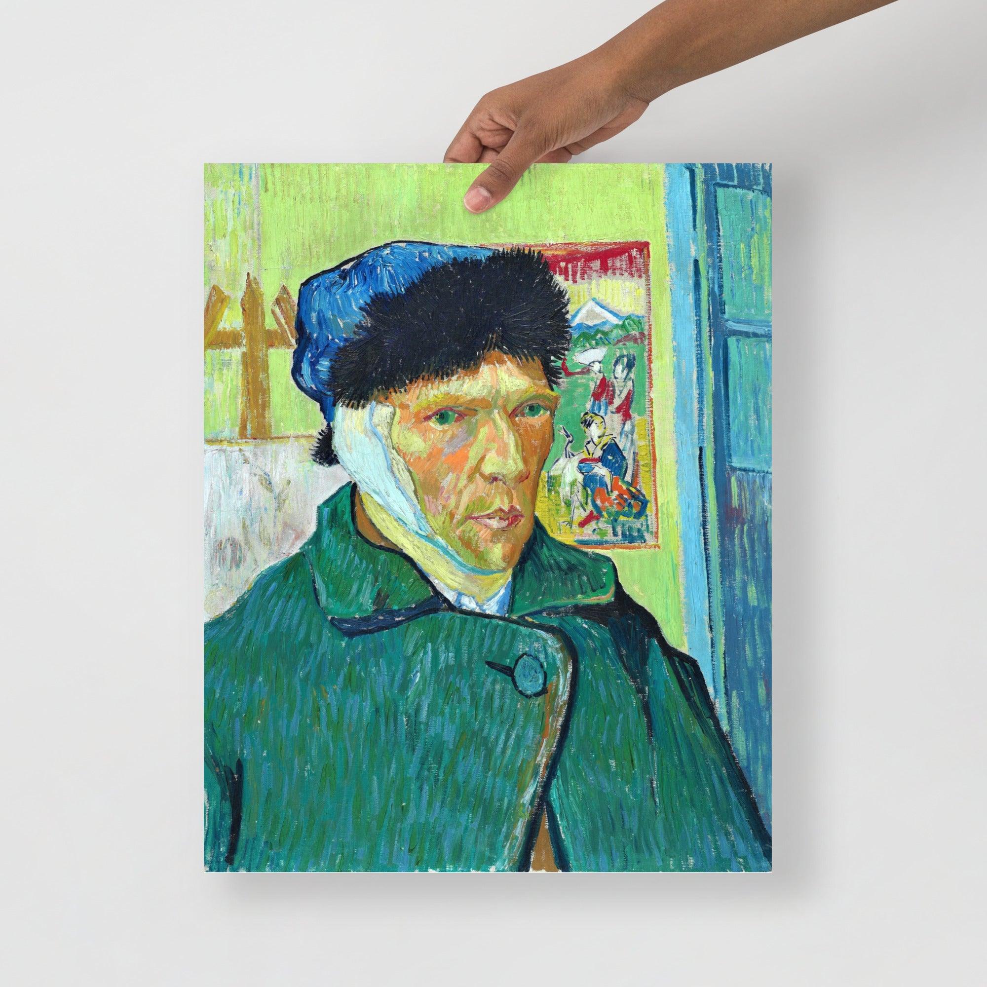 A Self Portrait With Bandaged Ear by Vincent Van Gogh poster on a plain backdrop in size 16x20”.