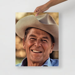 A Ronald Reagan Cowboy Hat poster on a plain backdrop in size 16x20”.