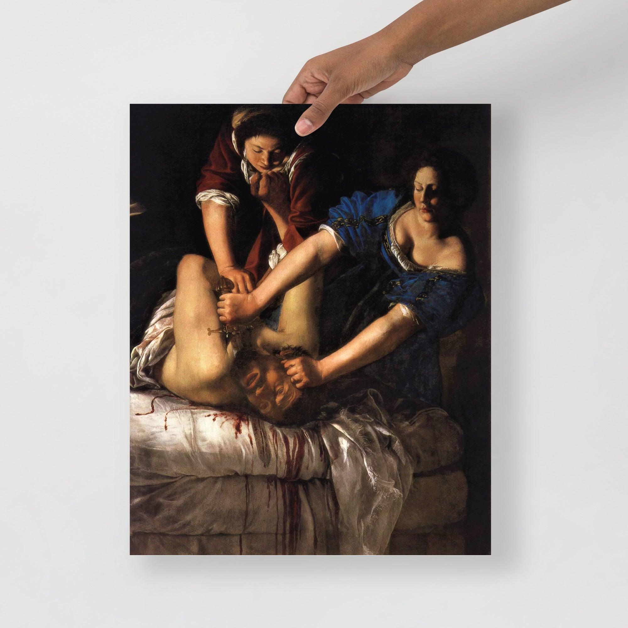 A Judith beheading Holofernes by Artemisia Gentileschi poster on a plain backdrop in size 16x20”.