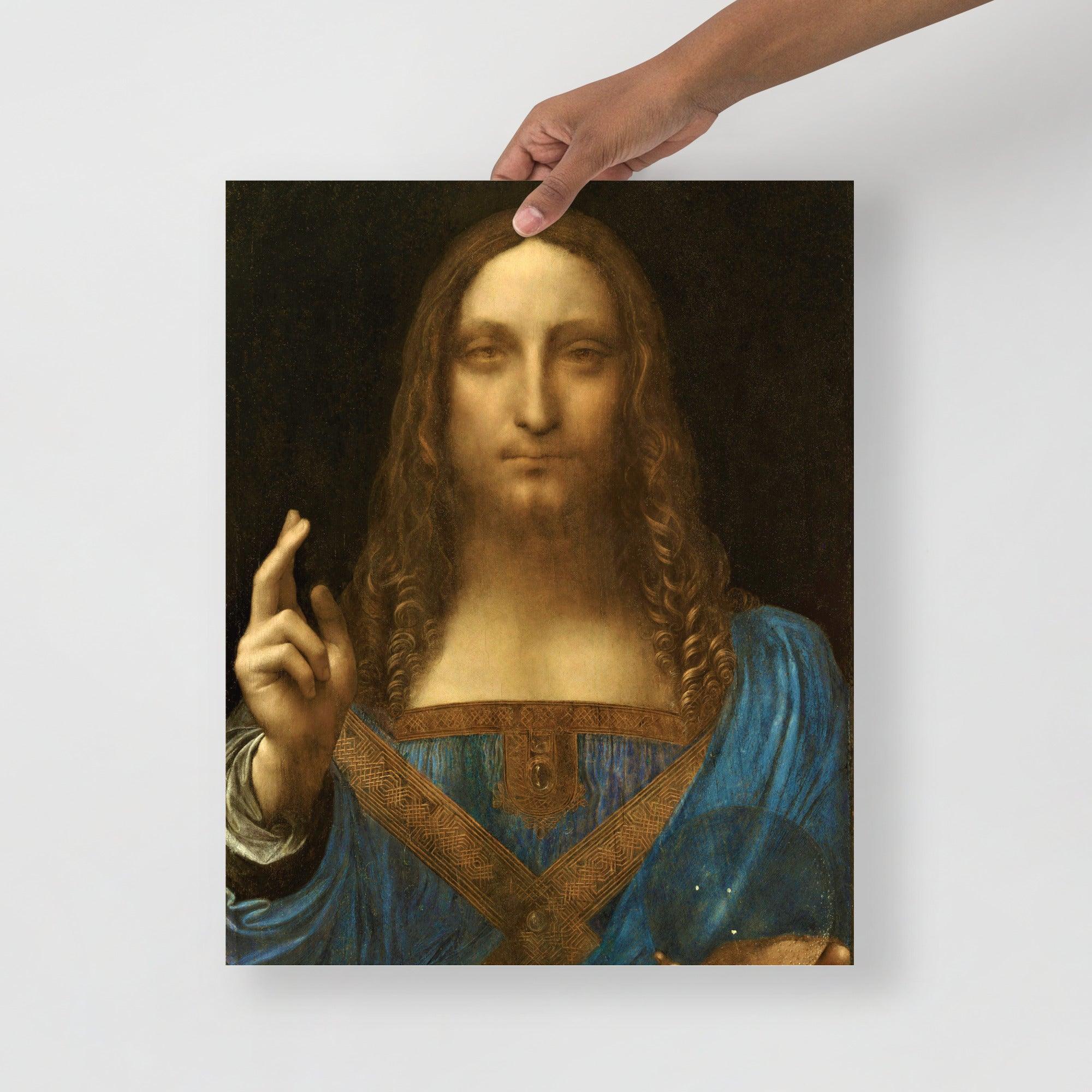 A Salvator Mundi by Leonardo Da Vinci poster on a plain backdrop in size 16x20”.