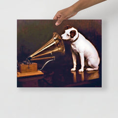 A His Master's Voice By Francis Barraud poster on a plain backdrop in size 16x20”.