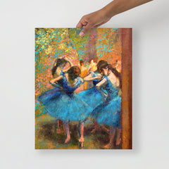 A Dancers in Blue by Edgar Degas poster on a plain backdrop in size 16x20”.