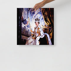 A Queen Elizabeth Coronation poster on a plain backdrop in size 18x18”.