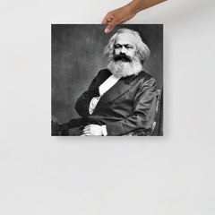 A Karl Marx poster on a plain backdrop in size 18x18”.