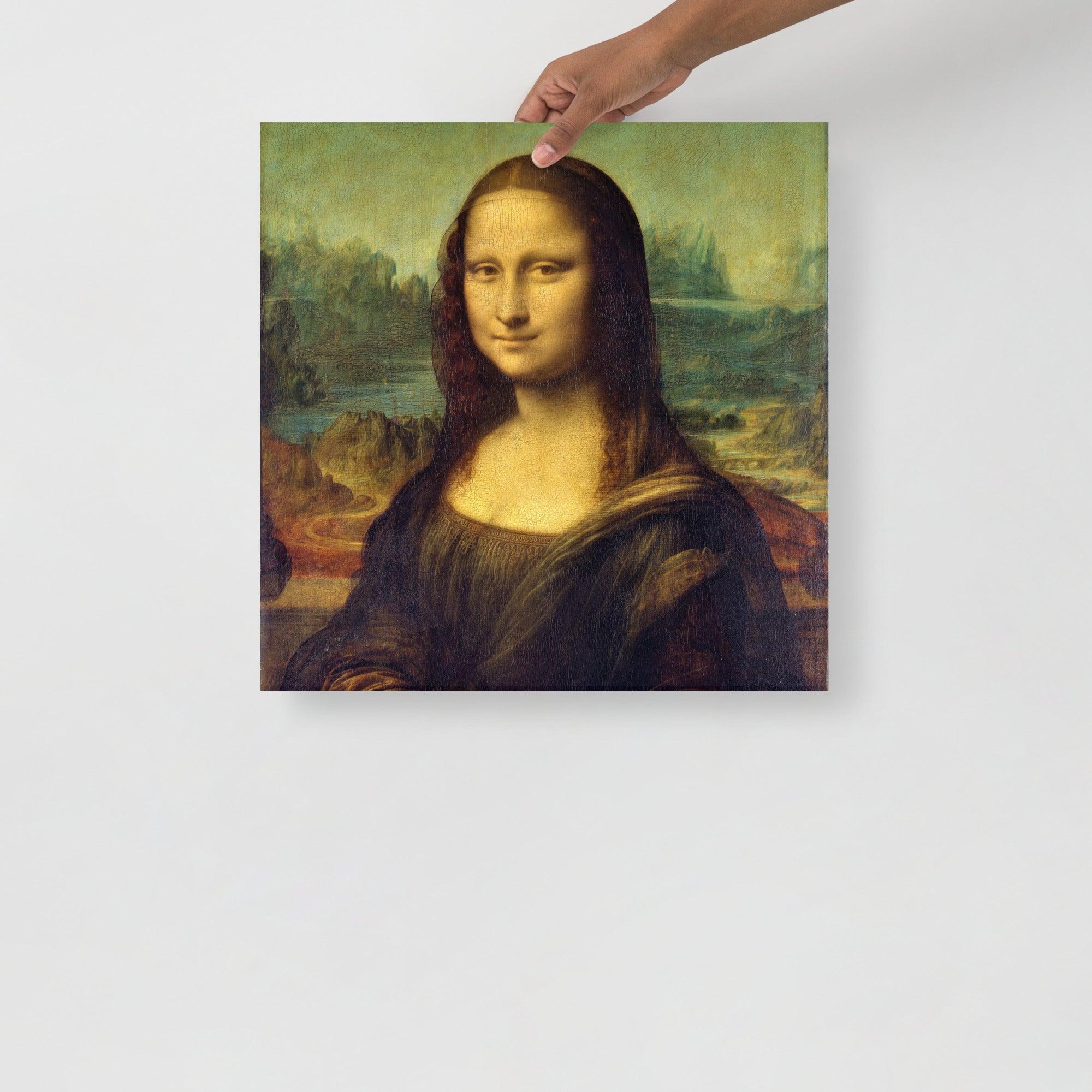 A Mona Lisa by Leonardo Da Vinci poster on a plain backdrop in size 18x18”.