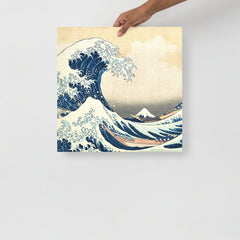 The Great Wave off Kanagawa by Hokusai poster on a plain backdrop in size 18x18”.
