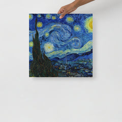 A The Starry Night by Vincent van Gogh poster on a plain backdrop in size 18x18”.