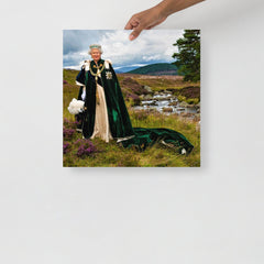 The Queen at Her Balmoral Estate poster on a plain backdrop in size 18x18”.