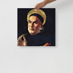 A St. Thomas Aquinas by Sandro Botticelli poster on a plain backdrop in size 18x18”.