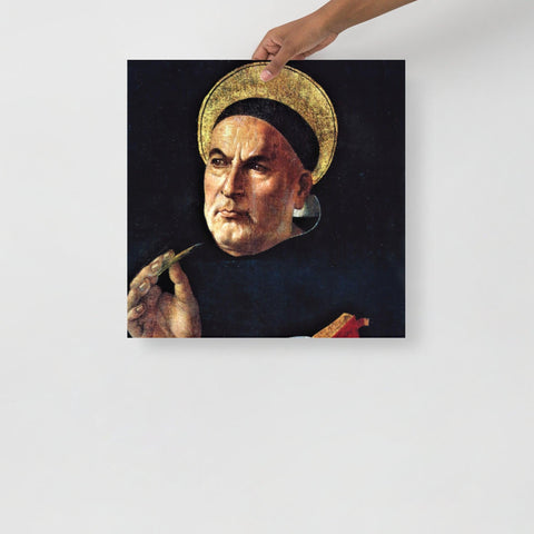 Image of A St. Thomas Aquinas by Sandro Botticelli poster on a plain backdrop in size 18x18”.