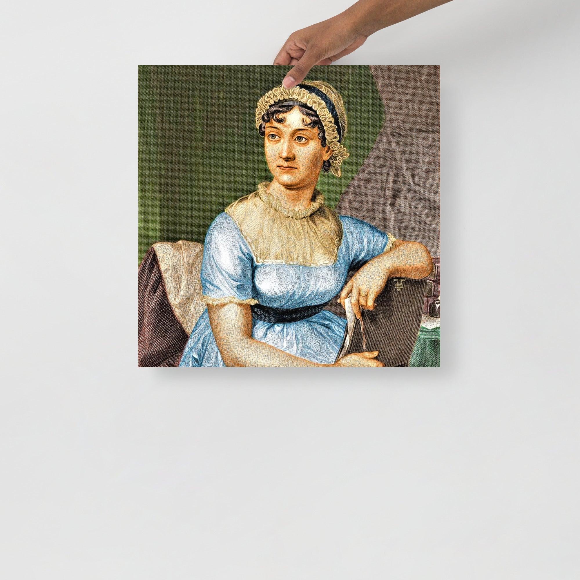 A Jane Austen poster on a plain backdrop in size 18x18”.