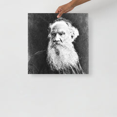 A Leo Tolstoy poster on a plain backdrop in size 18x18”.