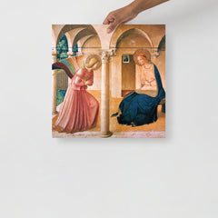 The Annunciation by Beato Angelico poster on a plain backdrop in size 18x18”.