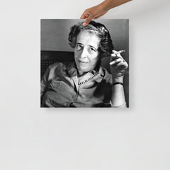 A Hannah Arendt poster on a plain backdrop in size 18x18”.