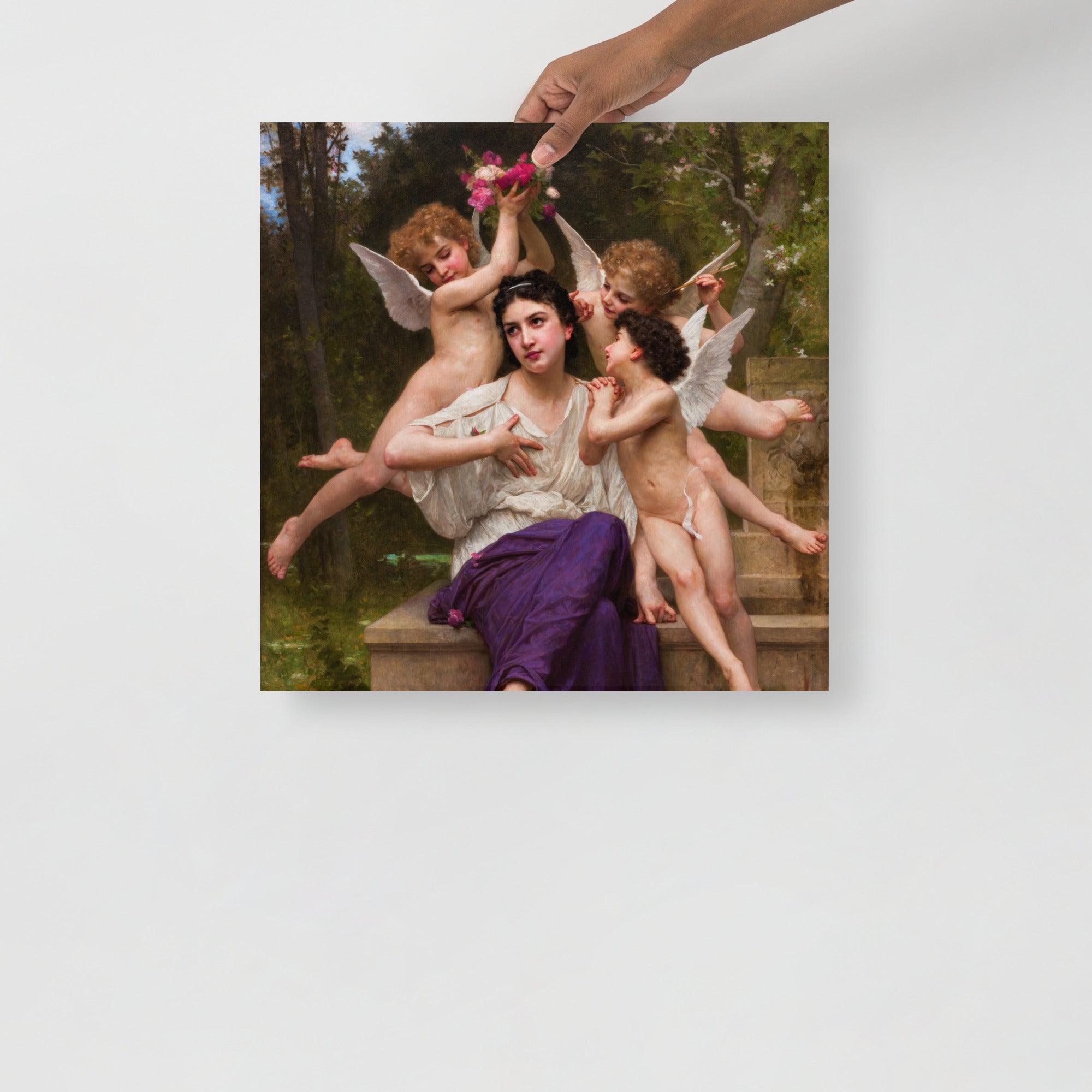 A Dream Of Spring by William Adolphe Bouguereau poster on a plain backdrop in size 18x18”.