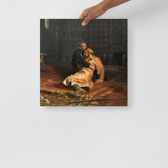 An Ivan the Terrible and His Son Ivan by Ilya Repin poster on a plain backdrop in size 18x18”.
