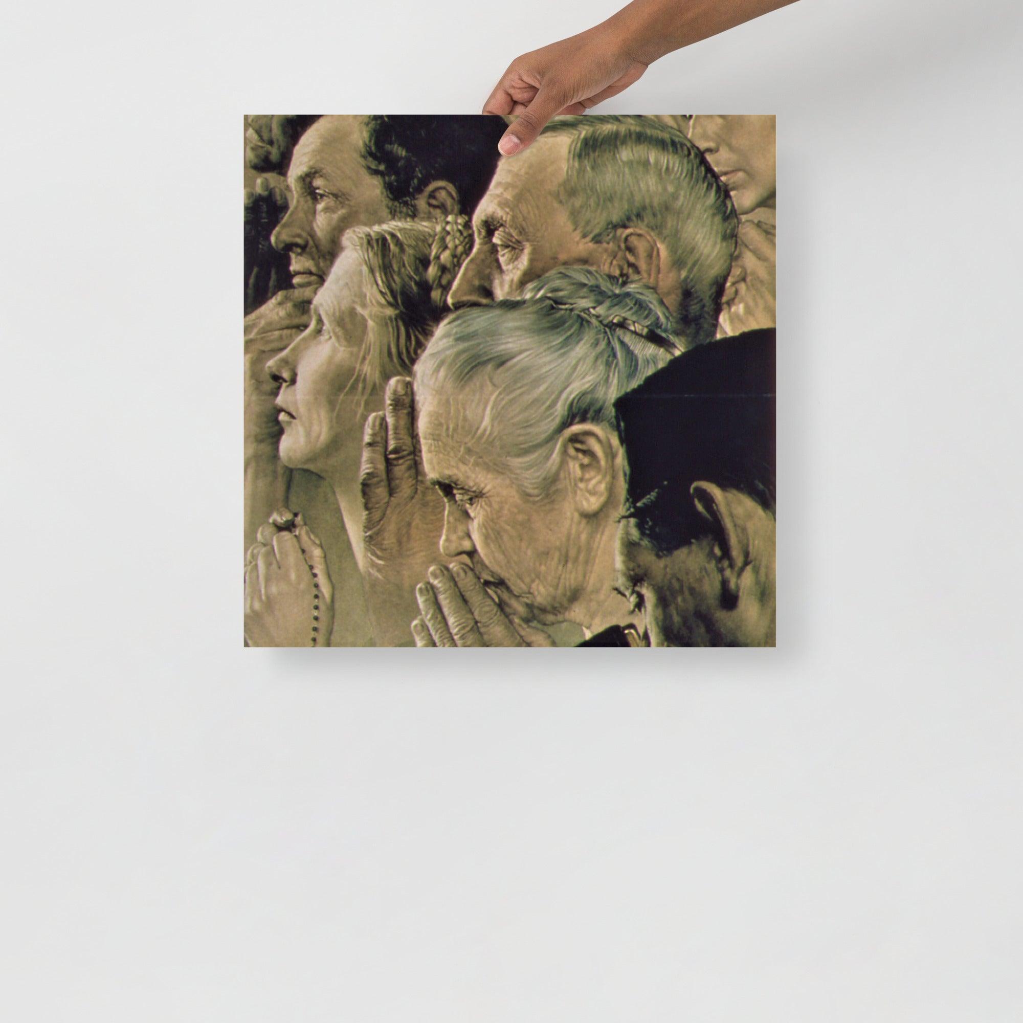 A Freedom of Worship by Norman Rockwell  poster on a plain backdrop in size 18x18”.